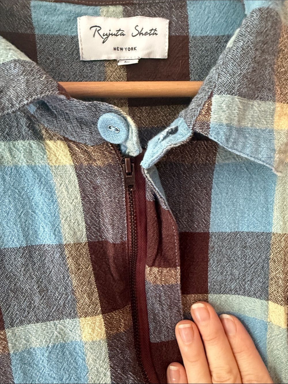 Rujuta Sheth Short-Sleeve Plaid Jumpsuit in Blue and Brown - Picture 3 of 5